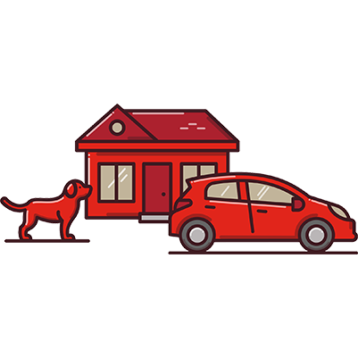 Red dog, house and car