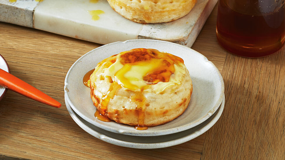 Homemade Crumpet recipe Served with Butter and Honey Coles