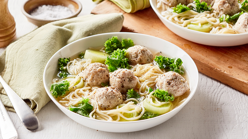 Chicken meatball, kale and lemon noodle soup recipe Coles