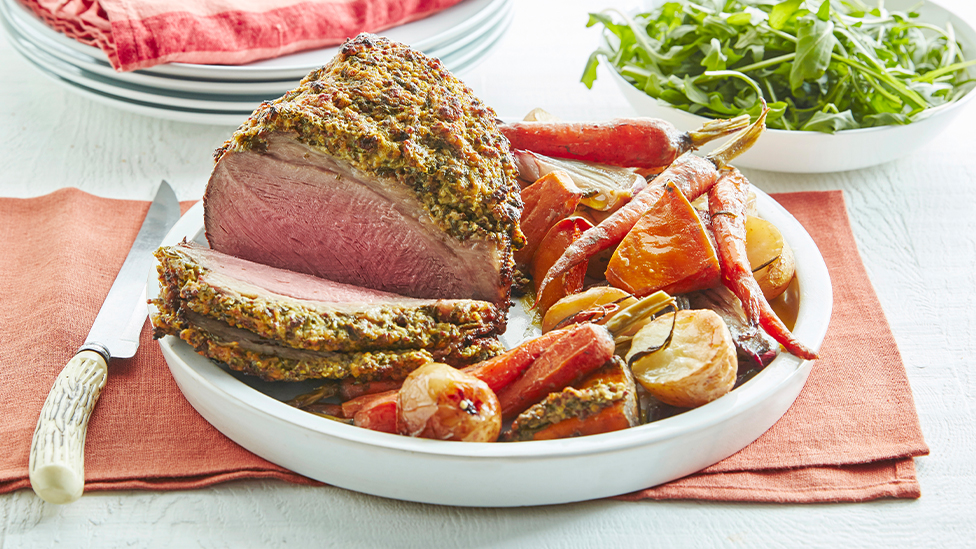 Onepot herb and garliccrusted beef with rosemary vegetables recipe