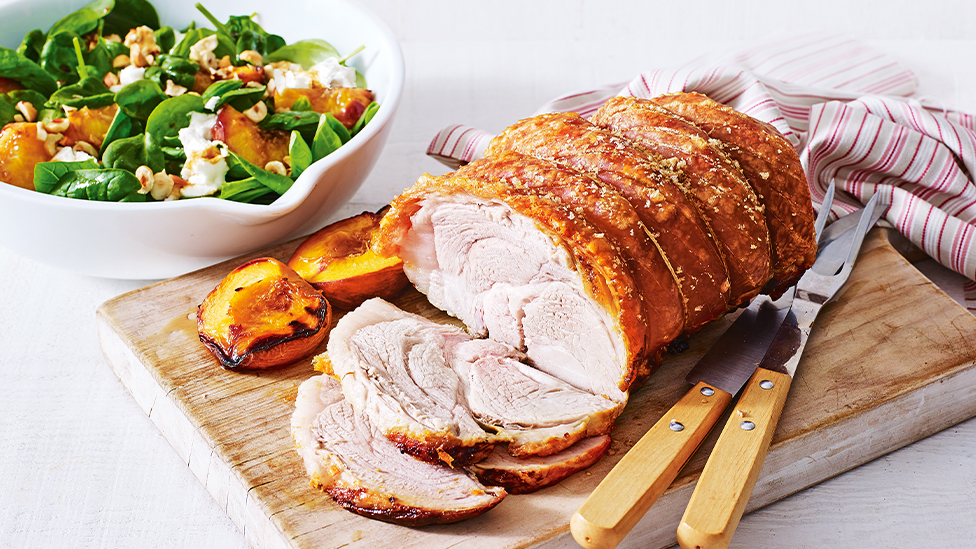 Roast pork with peaches, spinach, hazelnut and goat's cheese salad recipe Coles