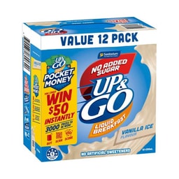 Sanitarium Up&go No Added Sugar Liquid Breakfast Fridge Vanilla Ice 12x250ml | 3L