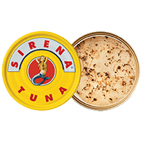 Two cans of tuna, sirena tuna lid and open can of tuna with product
