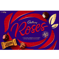 Purple background with scattered roses pieces and a roses packshot