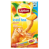 Image of Lipton Peach Iced Tea on yellow blue background with peaches