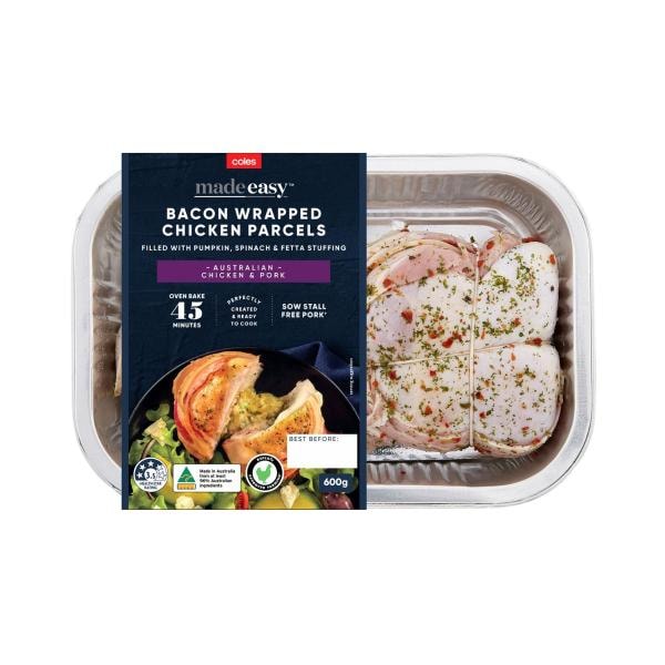 Coles Made Easy Bacon Wrapped Chicken Parcels With Pumpkin Spinach & Fetta Stuffing | 600g
