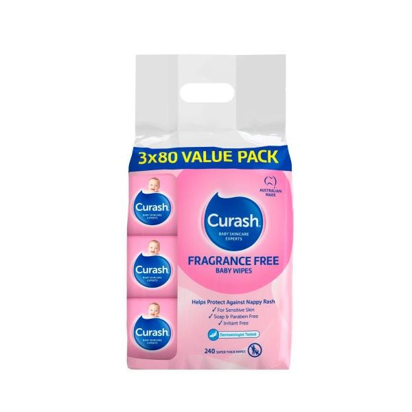 Curash Fragrance Free 240 Baby Wipes 3x80 Pack | 3 pack