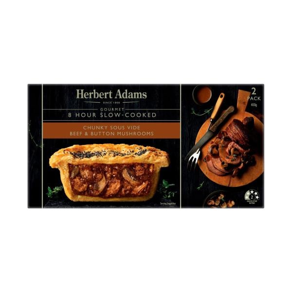 Herbert Adams Frozen Gourmet Chunky Sous Vide Beef & Button Mushroom Pies 2 pack | 400g
