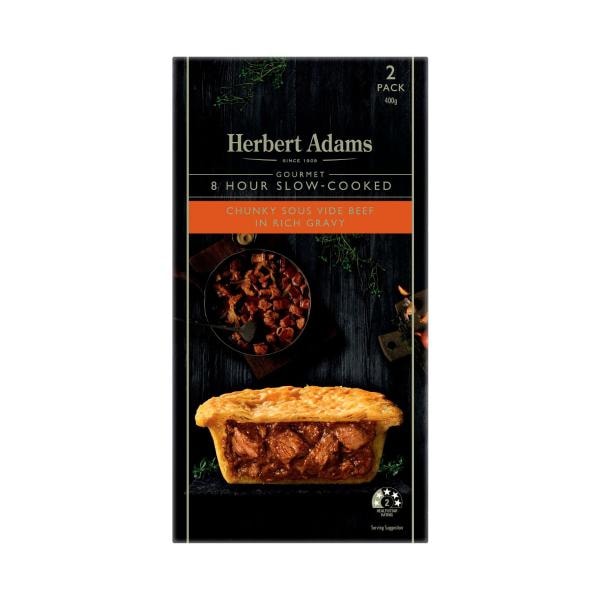 Herbert Adams Frozen Gourmet Chunky Sous Vide Beef In Rich Gravy Pies 2 pack | 400g