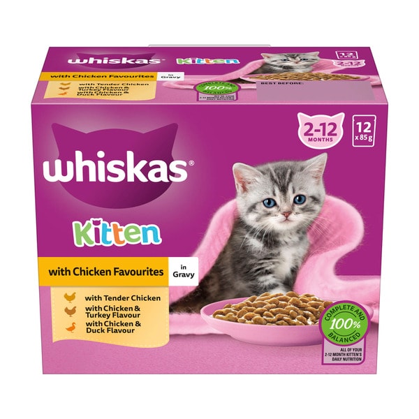 Whiskas Kitten Wet Cat Food With Chicken Favourites In Gravy Pouches 12x85g | 12 pack