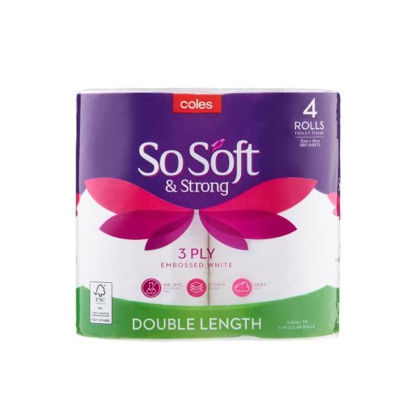 Coles So Soft & Strong 3 Ply Toilet Tissue Double Length | 4 pack