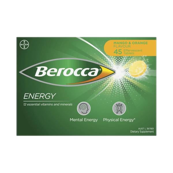 Berocca Energy Vitamin B & C Mango & Orange Flavour Effervescent Tablets | 45 Pack