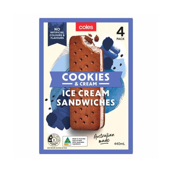 Coles Cookies & Cream Ice Cream Sandwich 4 Pack | 440 ml