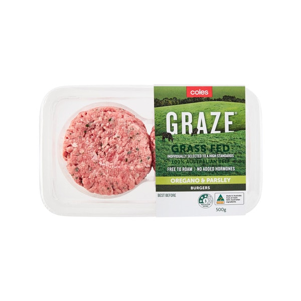 Coles Gluten Free Beef Burgers Graze Grass Fed Oregano & Fresh Parsley | 500g