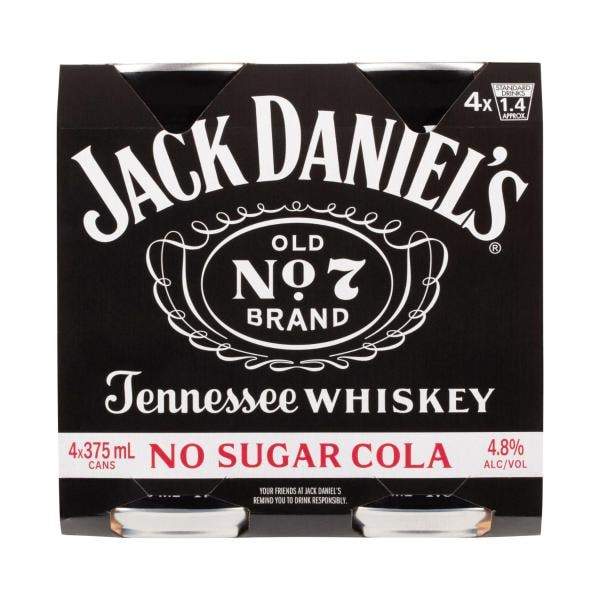 Jack Daniels & No Sugar Cola Can 375mL | 4 Pack