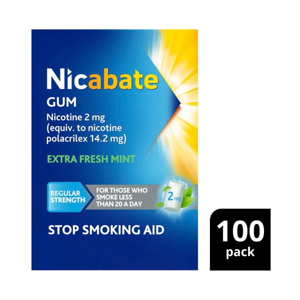 Nicabate Quit Smoking Chewing Gum Regular Strength 2mg Nicotine | 100 pack
