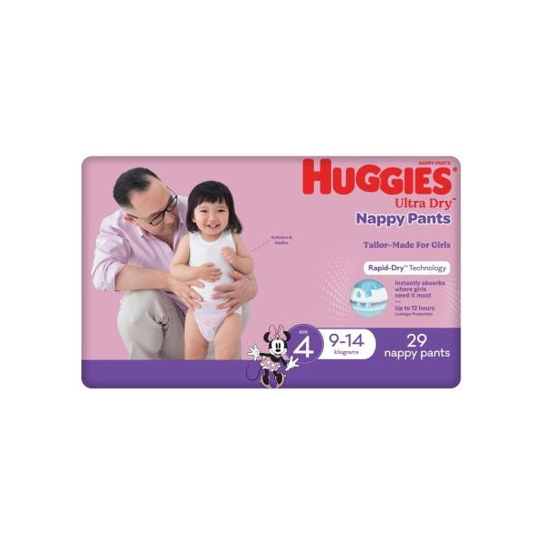 Huggies Ultra Dry Nappy Pants Girls Size 4 (9-14kg) | 29 pack