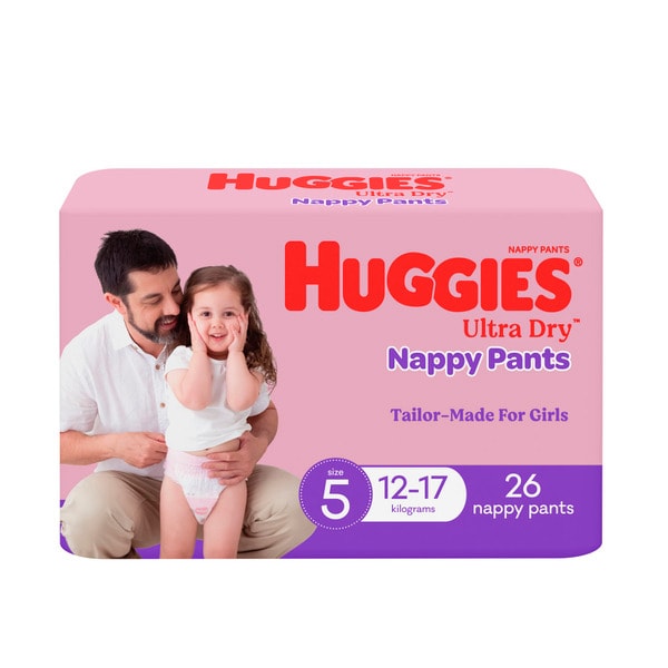 Huggies Ultra Dry Nappy Pants Girls Size 5 (12-17kg) | 26 pack