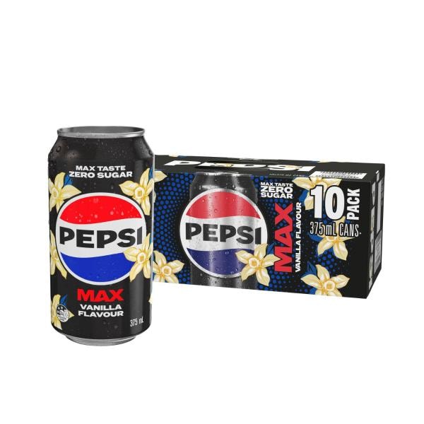 Pepsi Max No Sugar Vanilla Cola Soft Drink Cans Multipack 375mL x 10 Pack | 10 pack
