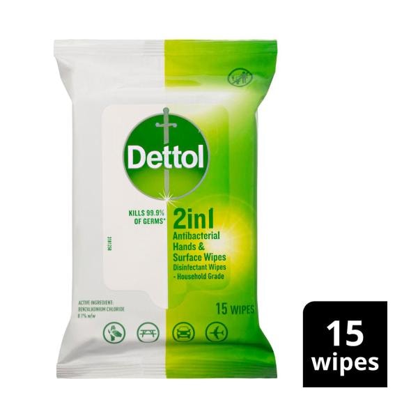 Dettol 2 in 1 Hands and Surfaces Antibacterial 15 Wipes | 1 pack