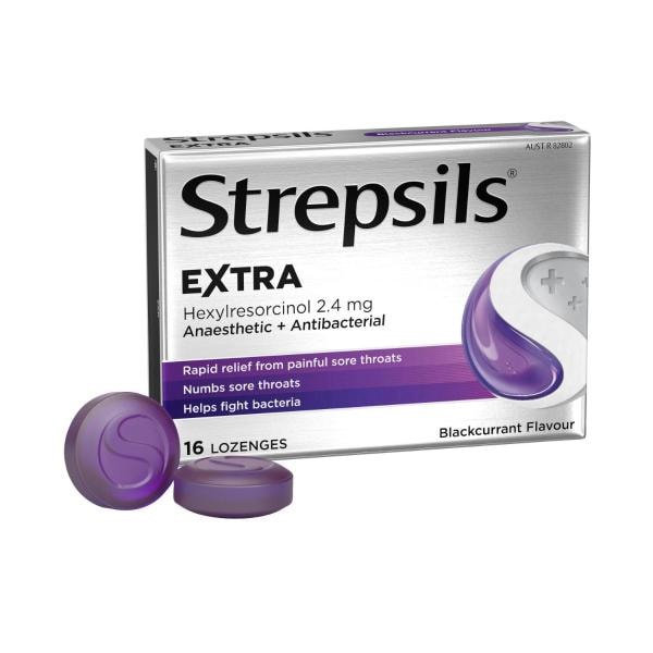 Strepsils Extra Anaesthetic Sore Throat Pain Relief Lozenges Blackcurrant | 16 pack