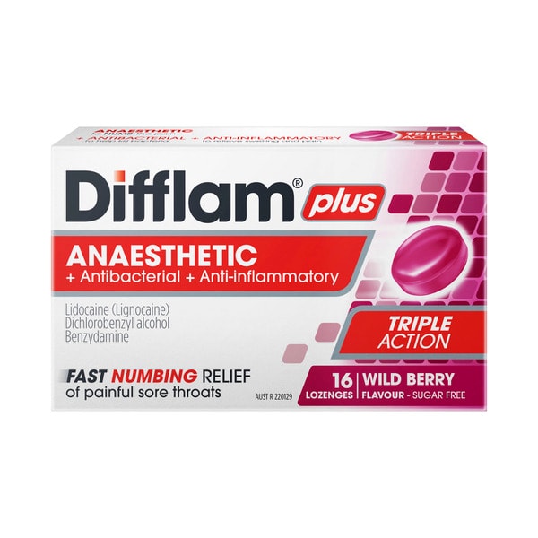 Difflam Plus Anaesthetic Berry Flavour Lozenges | 16 pack