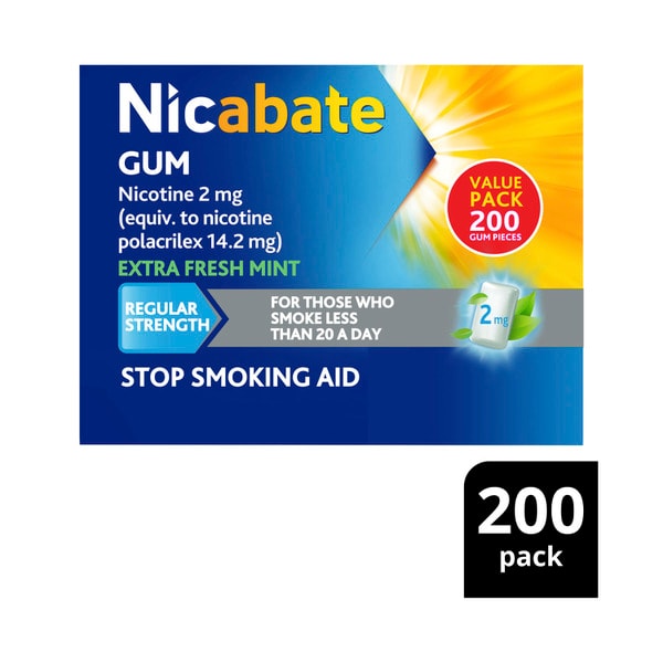 Nicabate Quit Smoking Chewing Gum Regular Strength 2mg Nicotine | 200 pack
