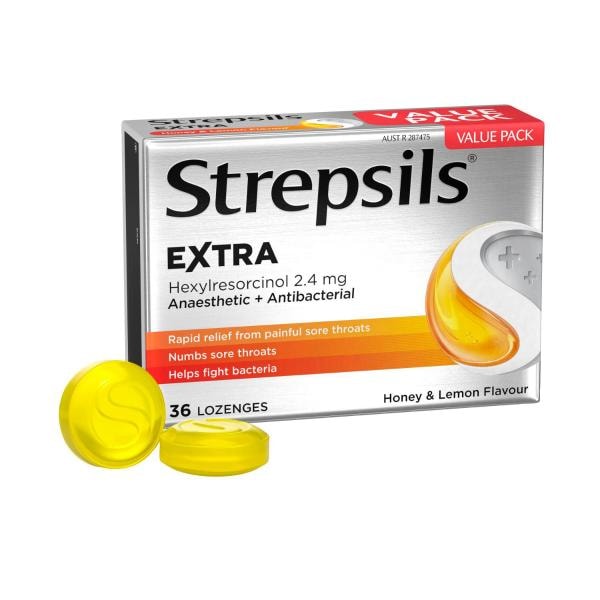 Strepsils Extra Honey and Lemon Fast Numbing Sore Throat Pain Relief with Anaesthetic 36 Lozenges | 1 pack