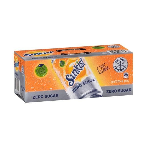 Sunkist Zero Sugar Orange Soft Drink Cans Multipack 375mL x 10 Pack | 10 pack