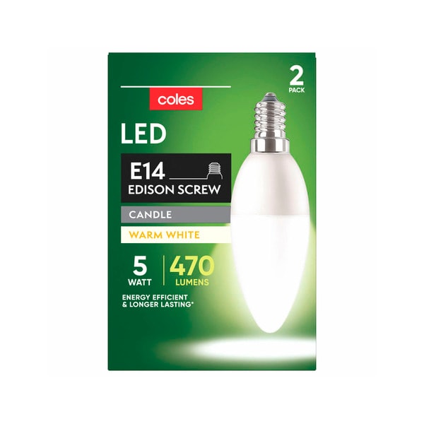 Coles Light Globes LED Candle SES 5W 470Lum 2700K | 2 pack