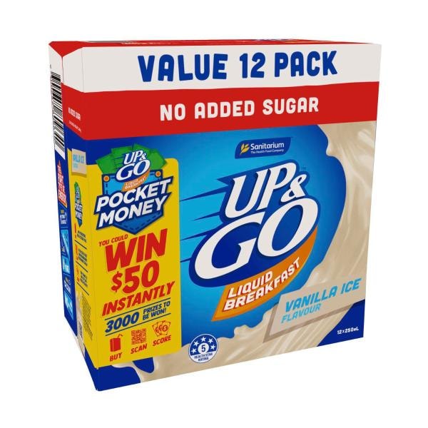 Sanitarium Up&Go Liquid Breakfast Vanilla No Added Sugar Fridge Pack 12X250mL | 3L