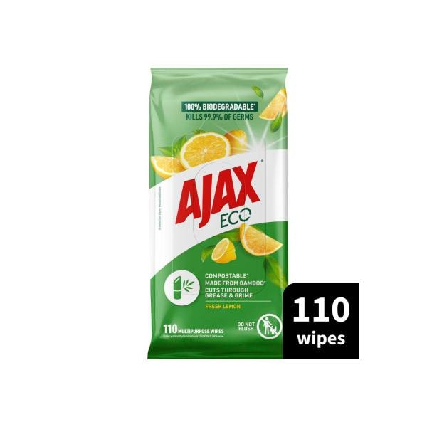 Ajax Eco Antibacterial Multipurpose Disinfectant Wipes Fresh Lemon | 110 pack
