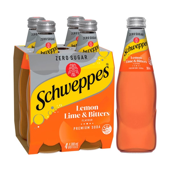 Schweppes Zero Sugar Lemon Lime Bitters Soft Drink Classic Mixers Multipack Bottles 300mL x 4 Pack | 4 pack