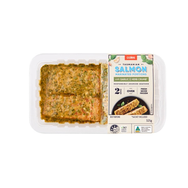 Coles Tasmanian Salmon Portions Marinated With Garlic & Herb Crumb | 325g