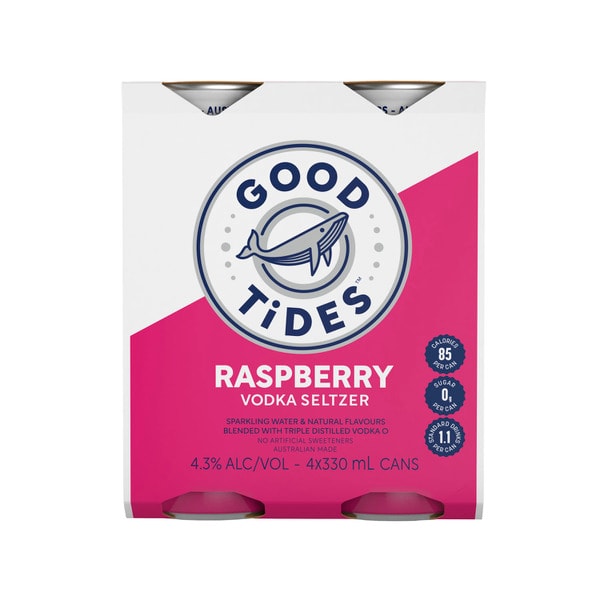 Good Tides Hard Seltzer Raspberry Vodka 330mL | 4 Pack