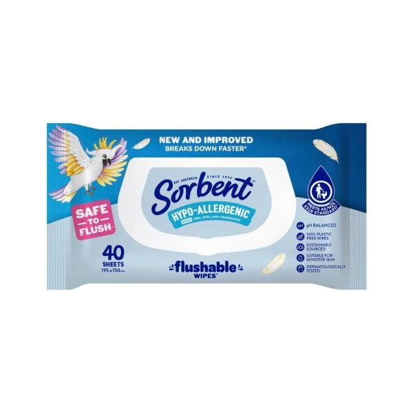 Sorbent Hypo Allergenic Flushable Wipes Toilet Tissue | 40 pack