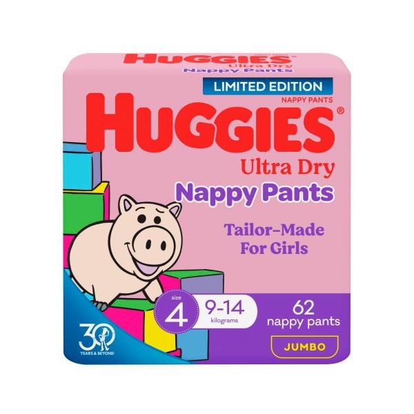 Huggies Ultra Dry Nappy Pants Girls Size 4 (9-14kg) | 62 pack