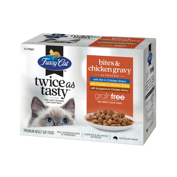 Fussy Cat Grain Free Twice as Tasty Adult Wet Cat Food Bites & Chicken Gravy 12x80gm | 12 pack