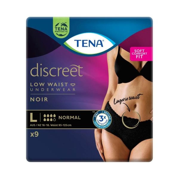 Tena Women's Discreet Pants Low Waist Noir Incontinence Normal Large | 9 each