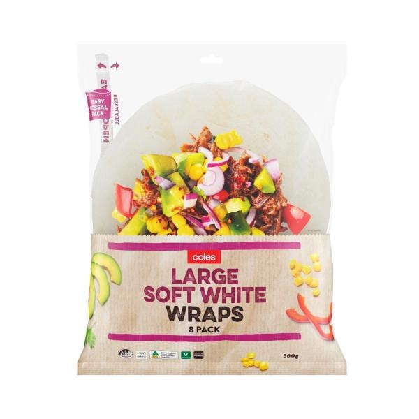 Coles White Large Jumbo Wraps 8 Pack | 560g