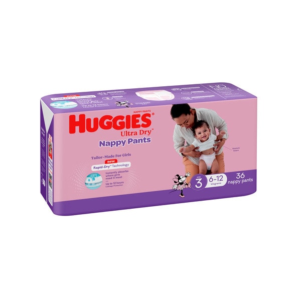Huggies Ultra Dry Nappy Pants Girls Size 3 (6-12kg) | 36 pack