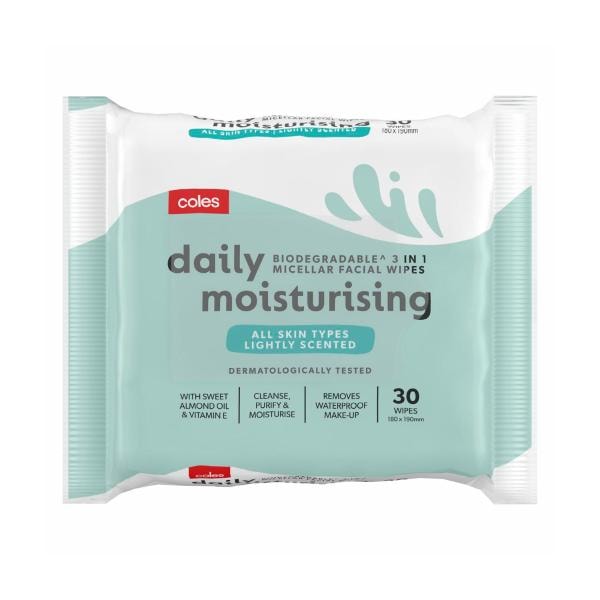 Coles Biodegradable Moisturising 3 In 1 Facial Cleansing Wipes | 30 pack