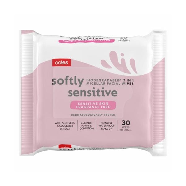 Coles Biodegradable Sensitive 3 In 1 Facial Cleansing Wipes | 30 pack