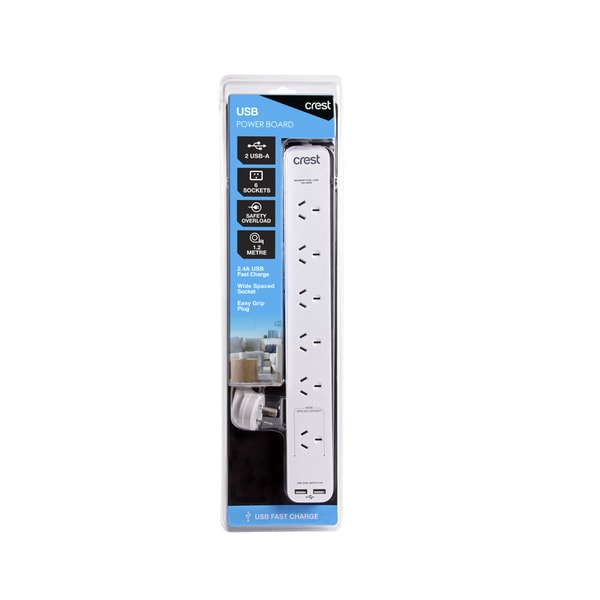 Crest Power Board 6 Socket 2 USB | 1 pack