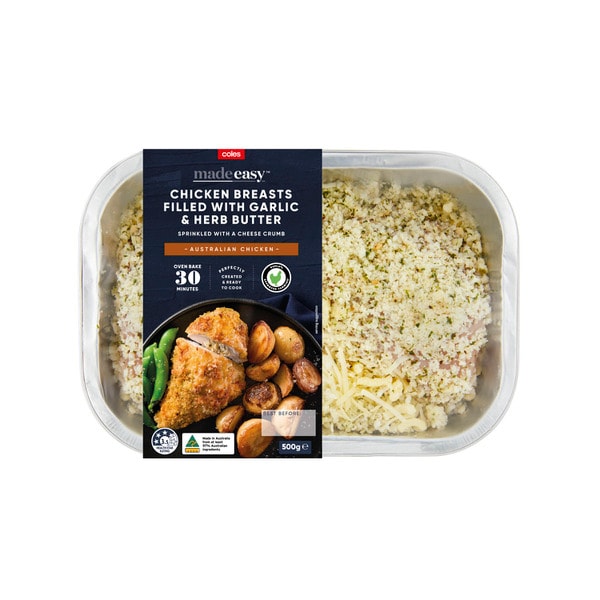 Coles Made Easy Chicken Breasts Filled With Garlic & Herb Butter Topped With A Cheese Crumb | 500g