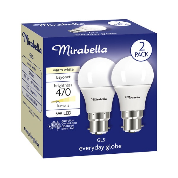 Mirabella Led Gls BC 5W 470Lum 2700K Warm White | 2 pack