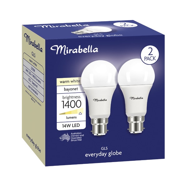 Mirabella Led Gls BC 14W 1400LUM 2700K Warm White | 2 pack