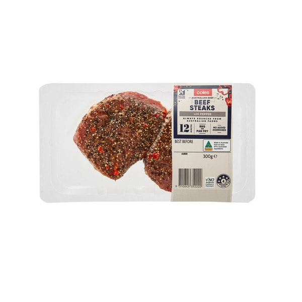 Coles No Added Hormone Peppered Beef Steaks | 300g
