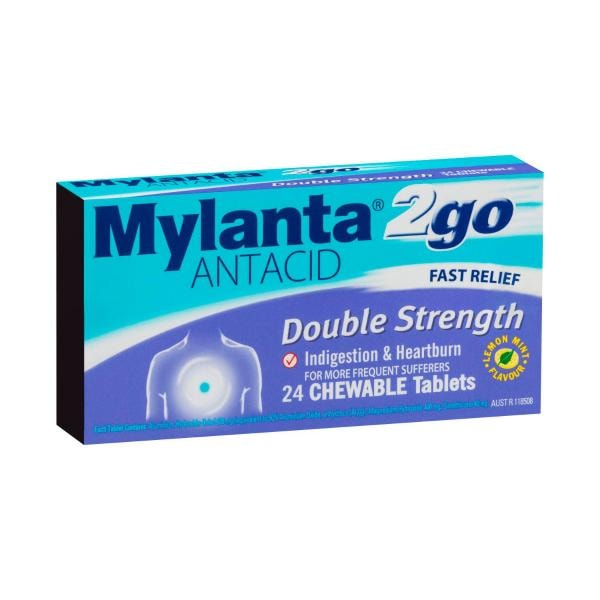 Mylanta 2Go Antacid Double Strength Chewable Tablets Lemon Mint | 24 pack
