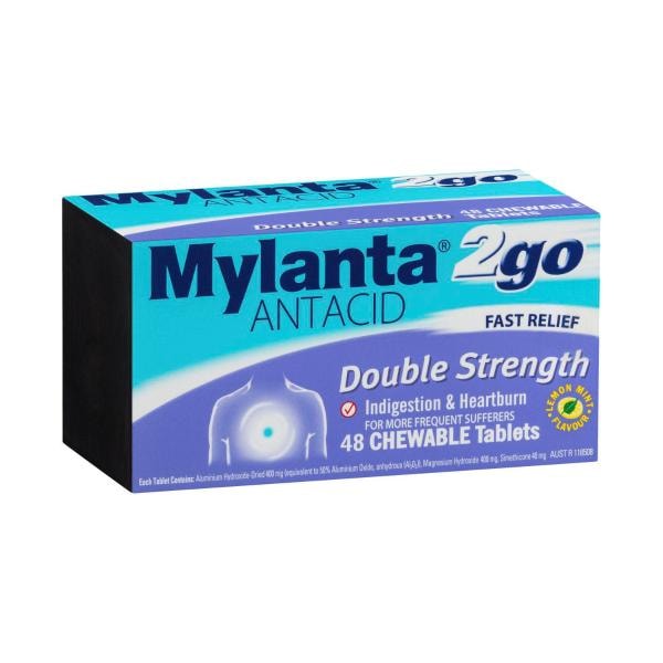 Mylanta 2Go Antacid Double Strength Chewable Tablets Lemon Mint | 48 pack